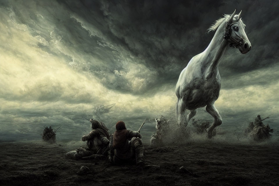 White horse rearing in stormy sky with tense figures