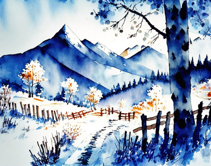 Vivid blue mountain range with autumn trees and path in watercolor.