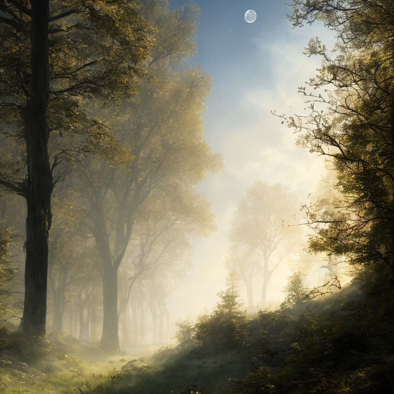 Misty forest with tall trees and visible moon in hazy sky