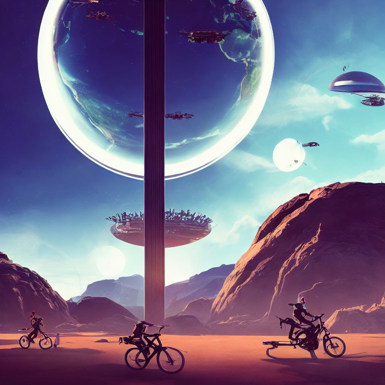 Sci-fi scene: Motorcyclists view alien structures & spacecraft by planet elevator