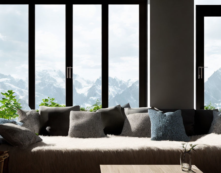 Spacious modern room with plush sofa and mountain view