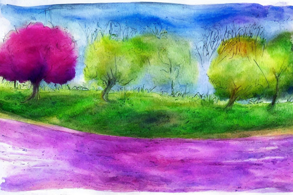 Vibrant Watercolor Landscape: Pink and Green Trees, Purple Road, Blue Sky