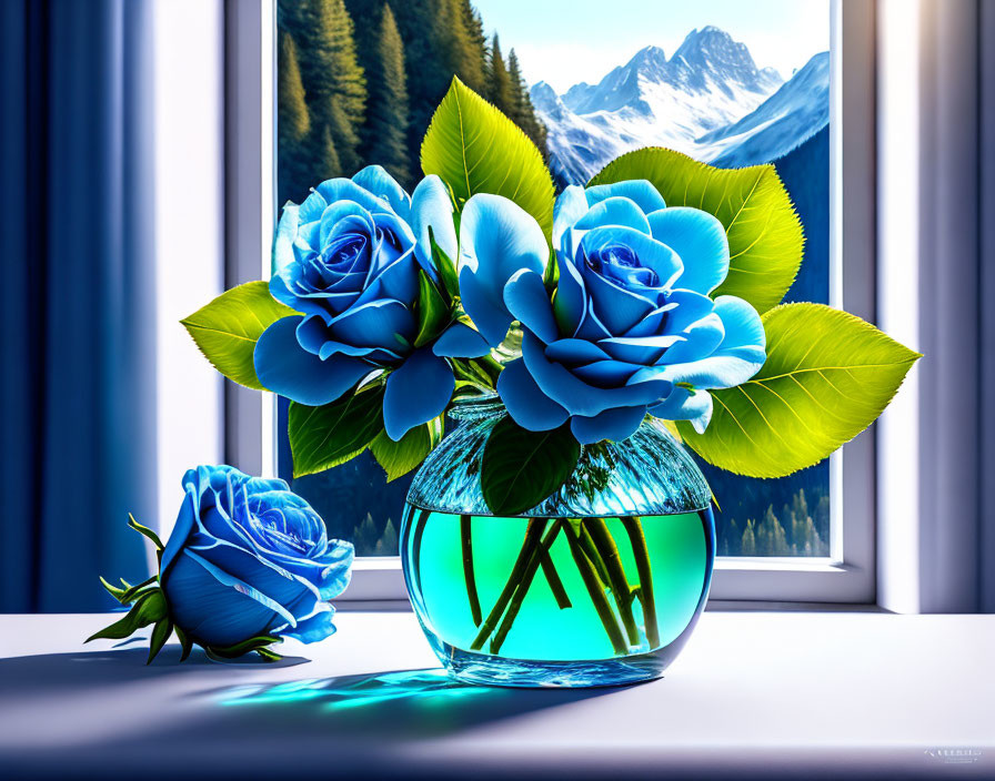 Blue Roses in Clear Glass Vase with Snowy Mountain Background