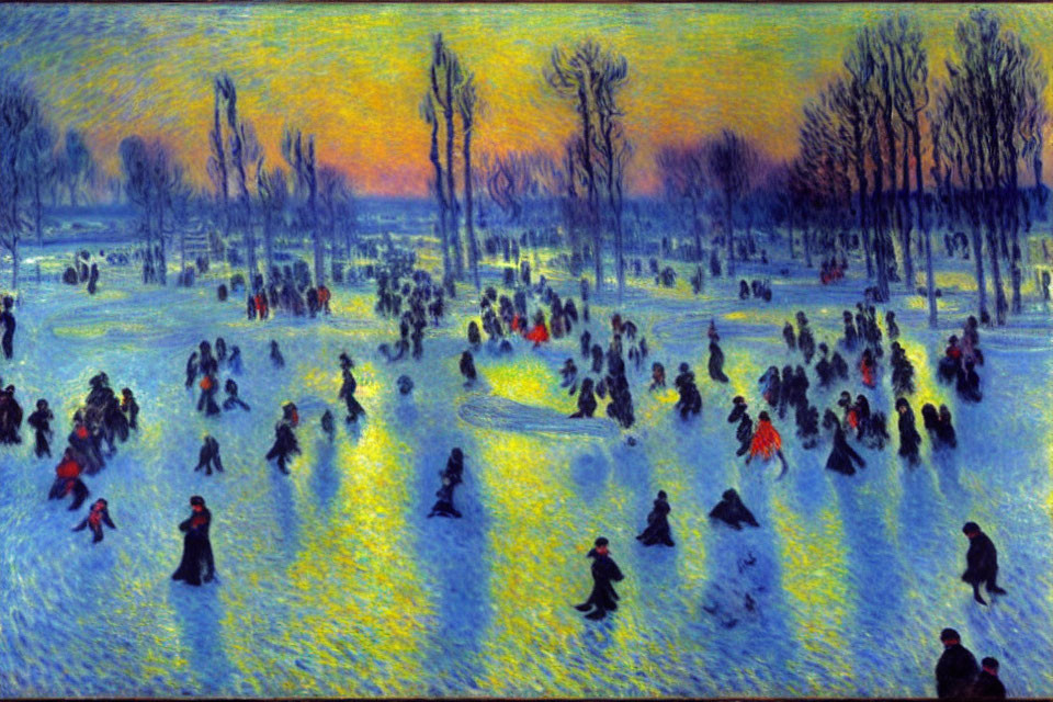 Impressionist painting of people ice-skating on frozen expanse