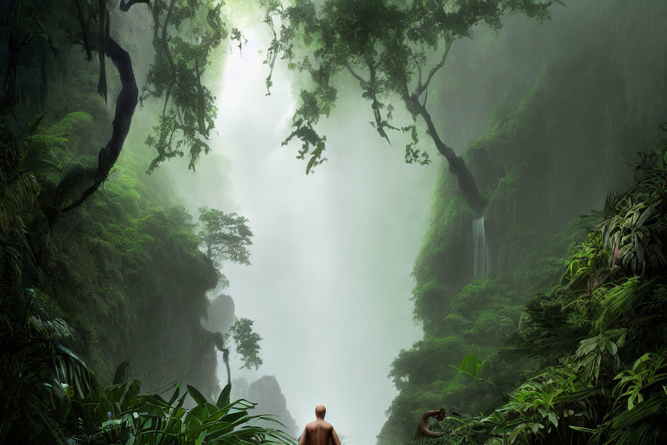Person in lush jungle with cliffs and waterfall