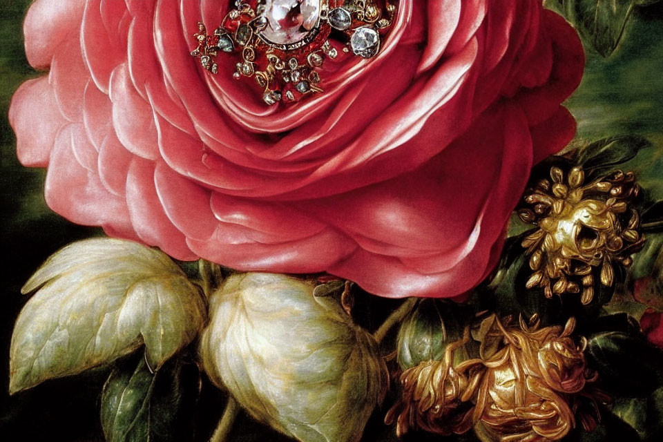 Baroque painting close-up: Pink rose with gemstones, green leaves, golden flourishes