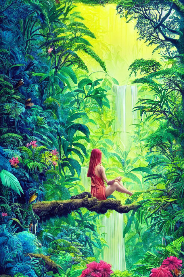 Person sitting on tree branch in vibrant jungle with waterfall