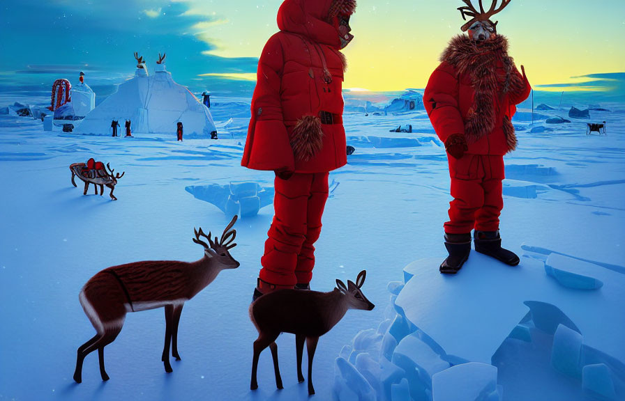 Two People in Red Winter Coats Near Reindeer and Igloos under Twilight Sky