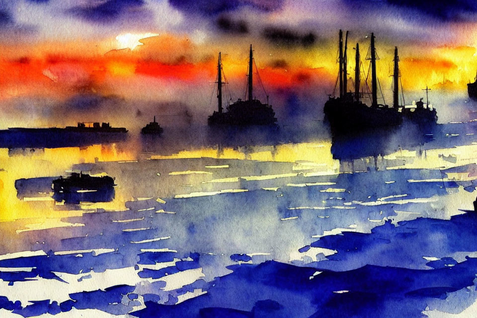 Spectacular watercolor painting of harbor at sunset