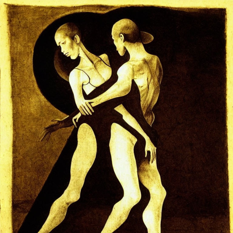 Intimate Dance Painting with Male and Female Figures on Golden Yellow Background
