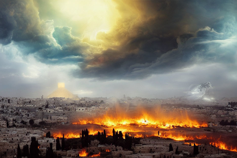 Cityscape with fires, dark clouds, and sunlight rays.