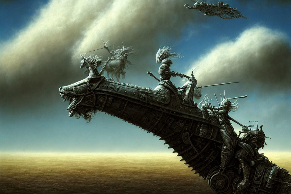 Fantastical artwork: Warriors on mechanical serpent with flying ship