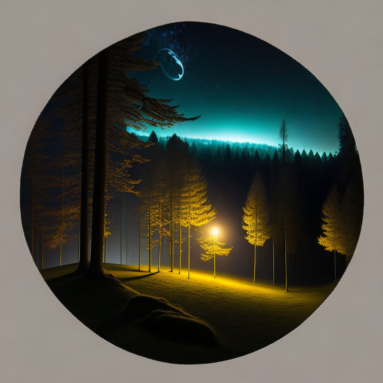 Circular Night Scene with Glowing Light, Trees, and Crescent Moon