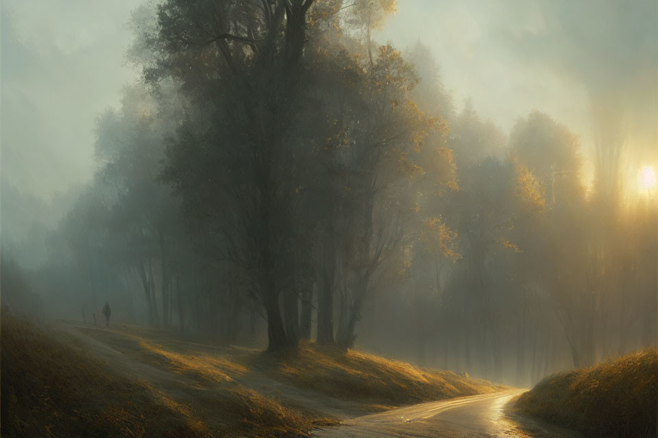 Misty forest scene with two figures walking on sunlit path