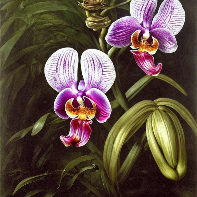Detailed Purple and White Orchids Illustration with Lush Green Background