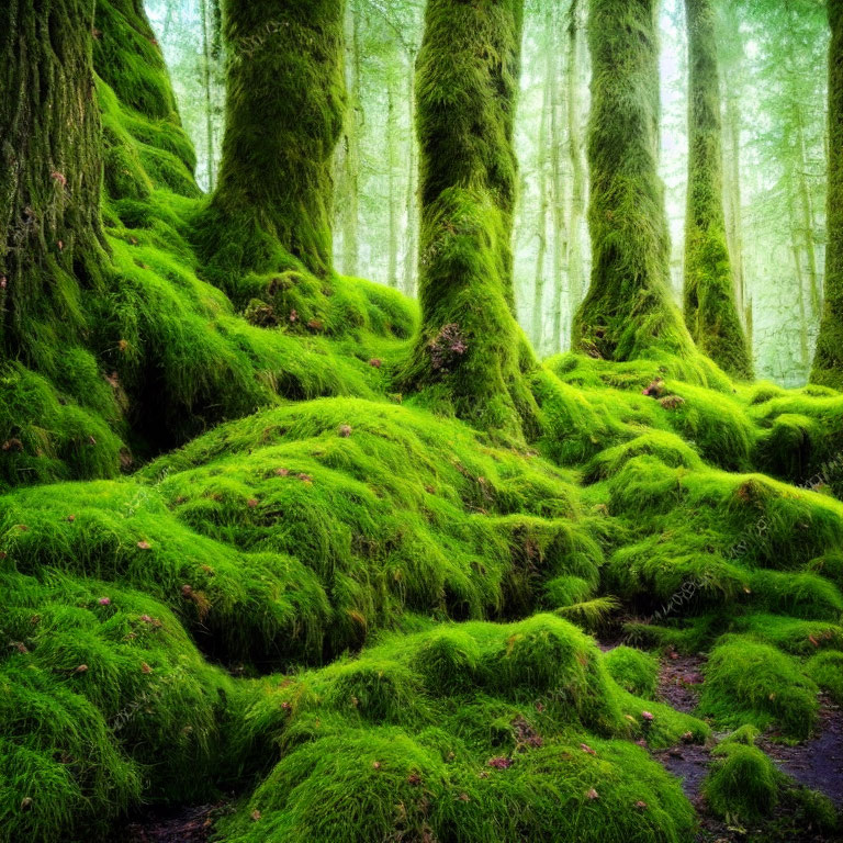 Ethereal forest with moss-covered trees and lush green undergrowth