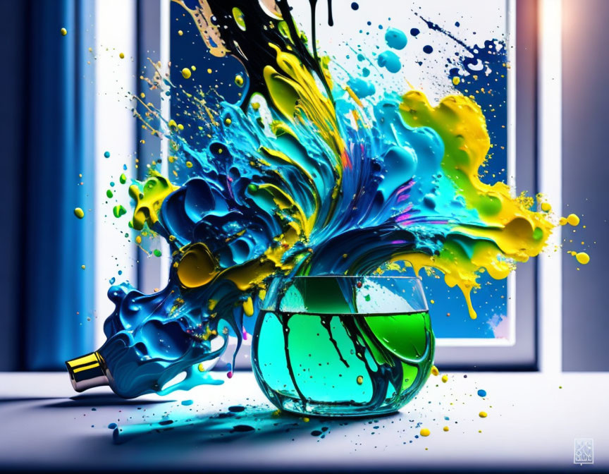Colorful paint splashing from tube into glass bowl by window