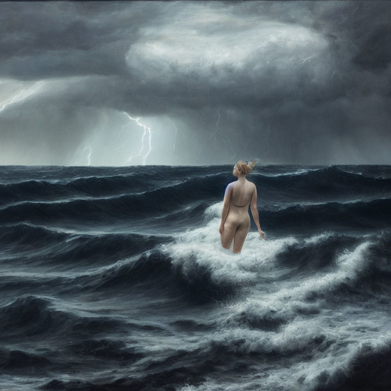 Person Contemplating Stormy Sea and Dark Clouds