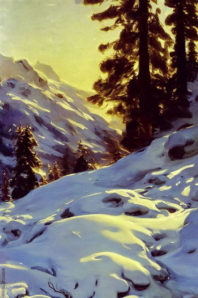 Snowy landscape painting with tall trees, mountain, warm sunlight, and shadows.