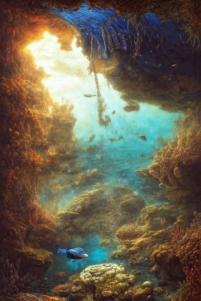 Sunlit underwater cave with fish, coral, rock formations, and sunken ship
