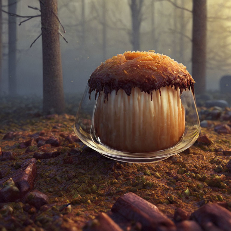 Giant muffin on glass plate in forest with autumn leaves