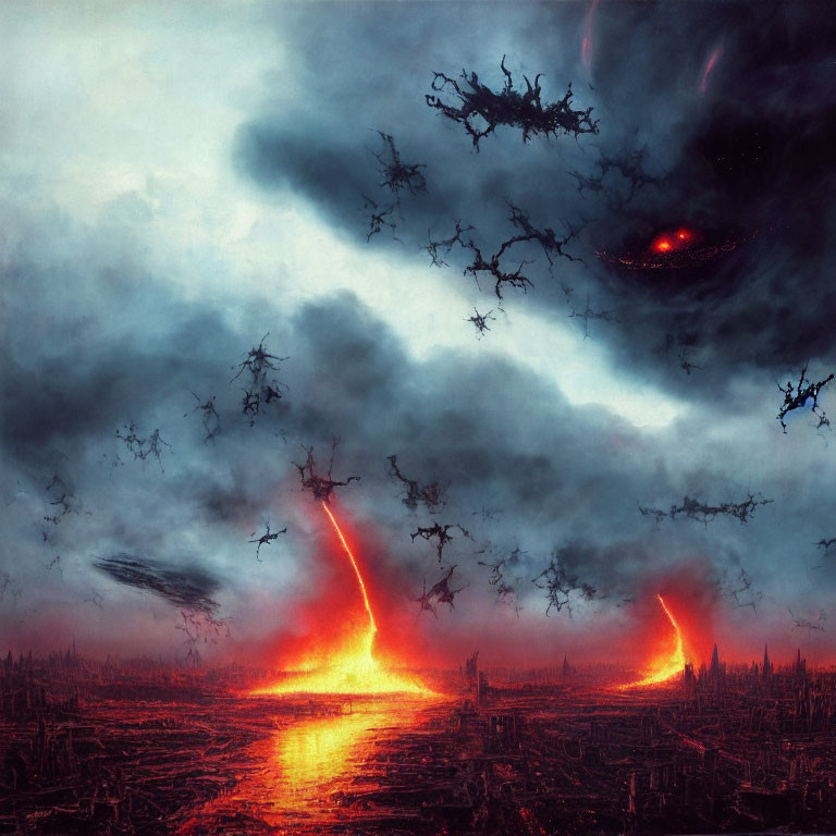 Dystopian landscape with flying crafts and blazing cities