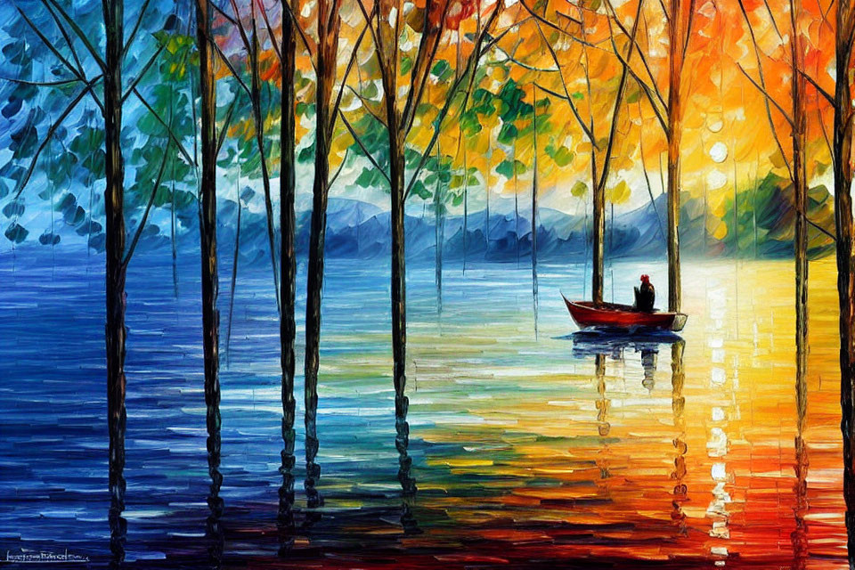 Vibrant painting of person in boat among trees with colorful gradient reflecting sunset/sunrise