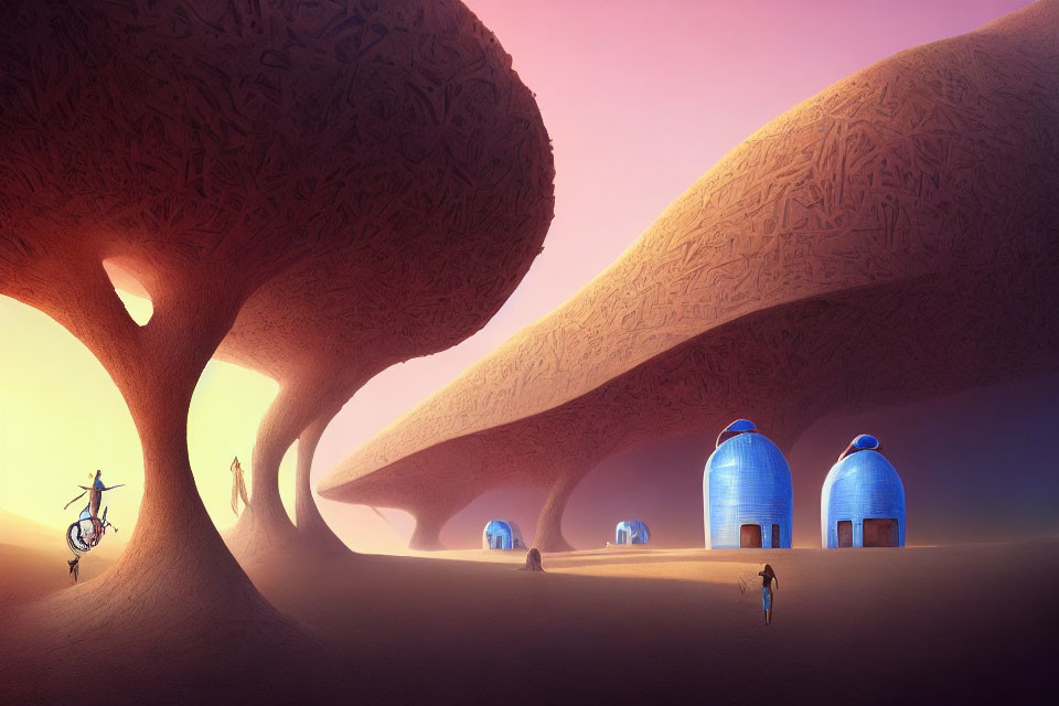 Whimsical landscape with oversized curved trees and blue dome-shaped structures