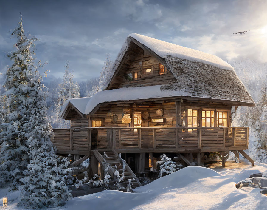 Snow-covered wooden cabin in winter forest with warm light and bird flying overhead