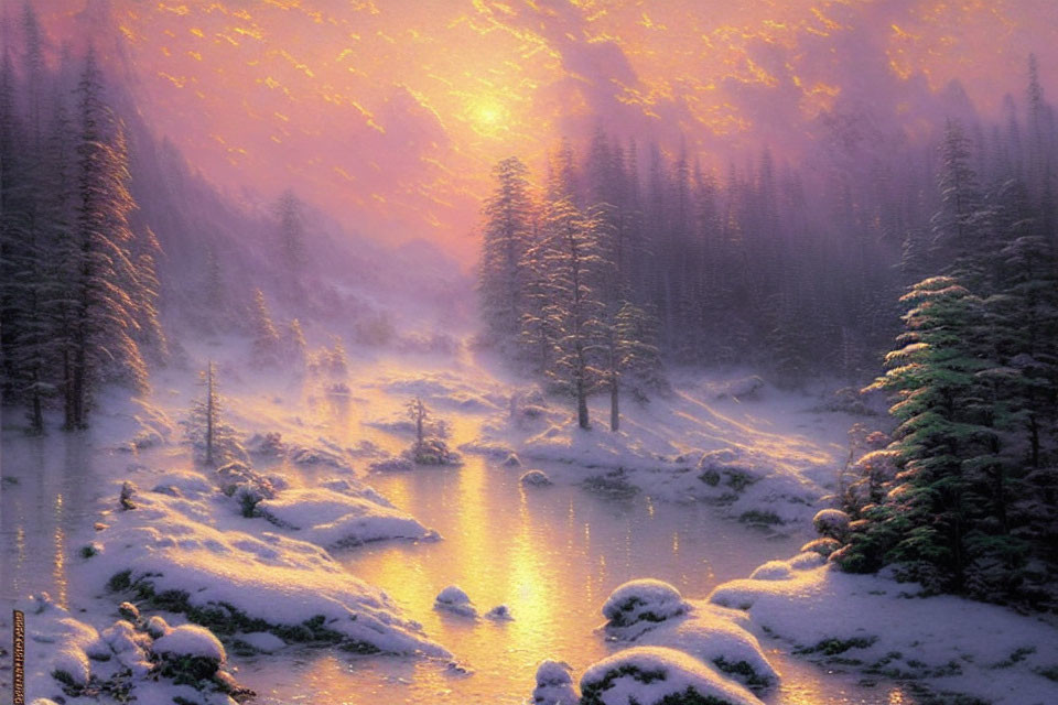 Tranquil snowy sunset scene with evergreen trees and river