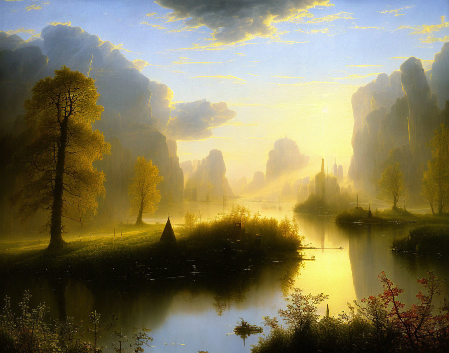Tranquil landscape painting of serene river at dawn or dusk