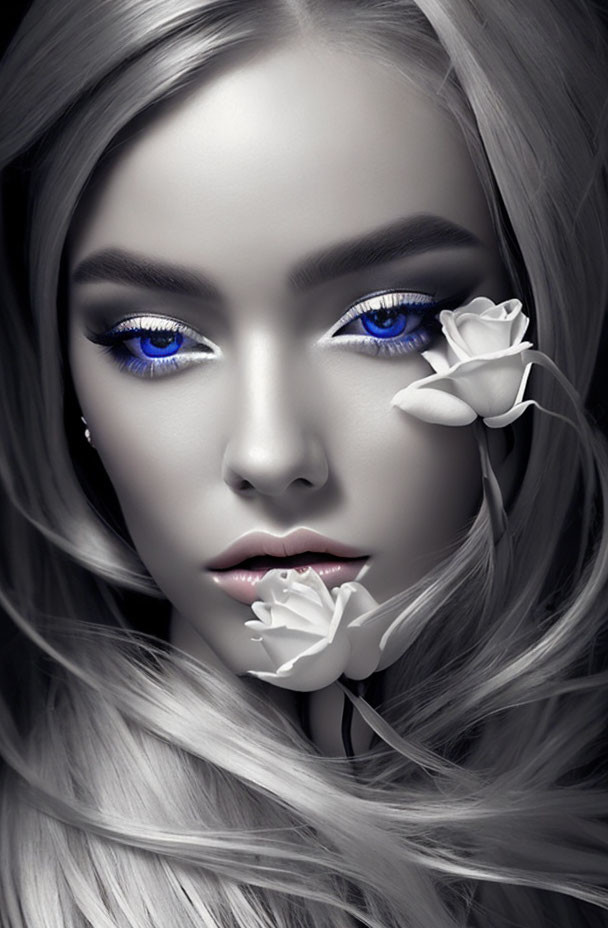 Monochromatic portrait of a woman with blue eyes and white roses.