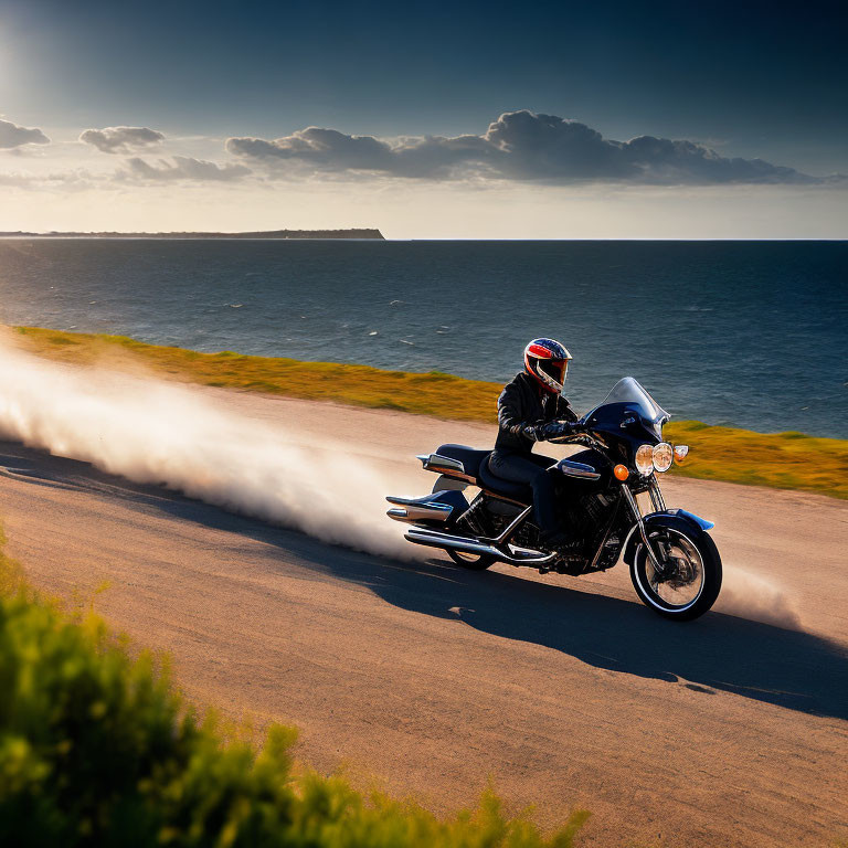 Motorcyclist riding coastal road at sunset with misty trail and ocean view