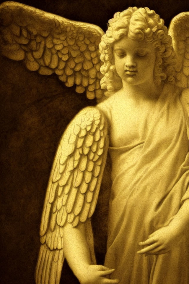 Classical angel sculpture with detailed wings and curled hair in sepia tones