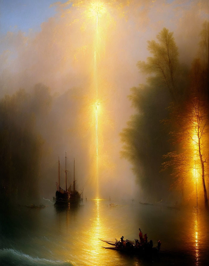 Tranquil painting of boats on misty river under sunlight