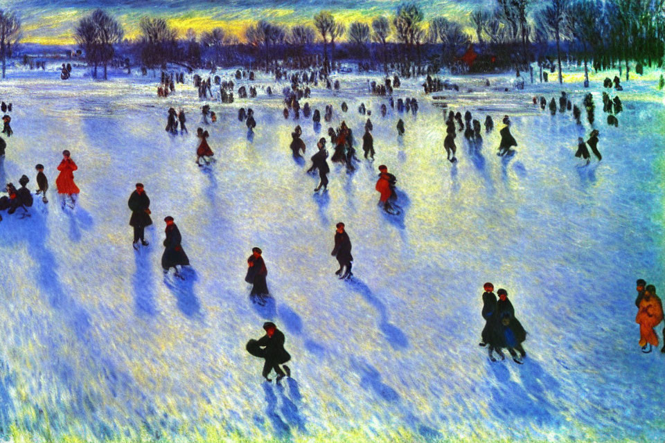 Colorful painting of people ice-skating on a frozen outdoor rink