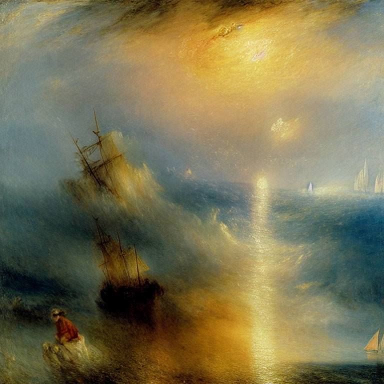 Maritime sunset with ships, waves, and figure