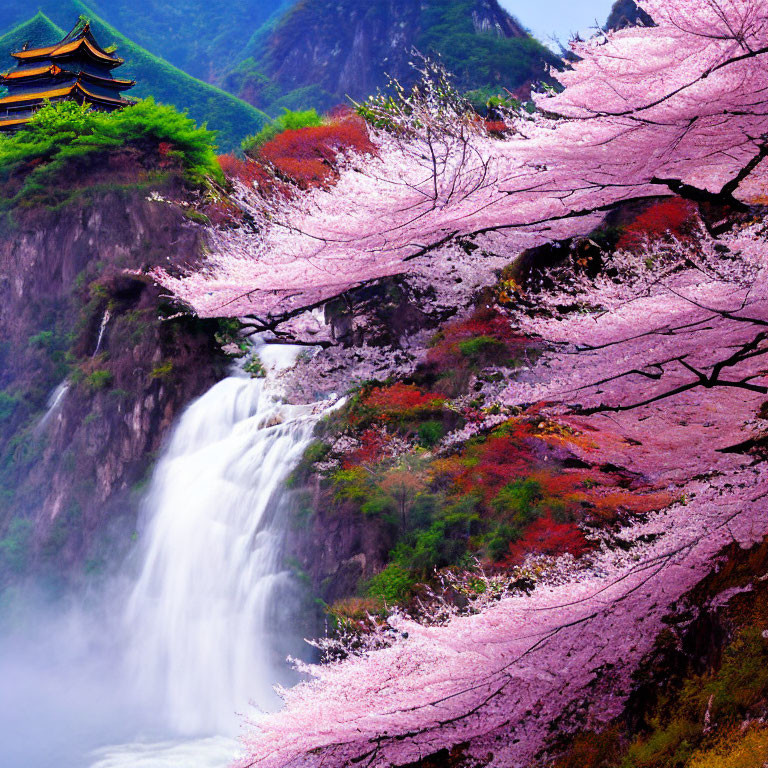 Scenic cherry blossoms, waterfall, and pagoda temple in lush setting