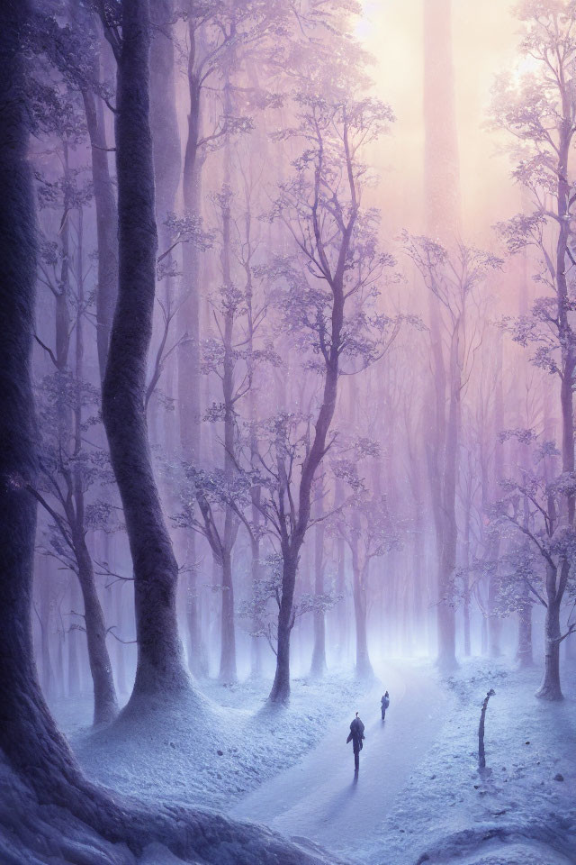 Solitary figure walking in snow-covered, purple-lit forest
