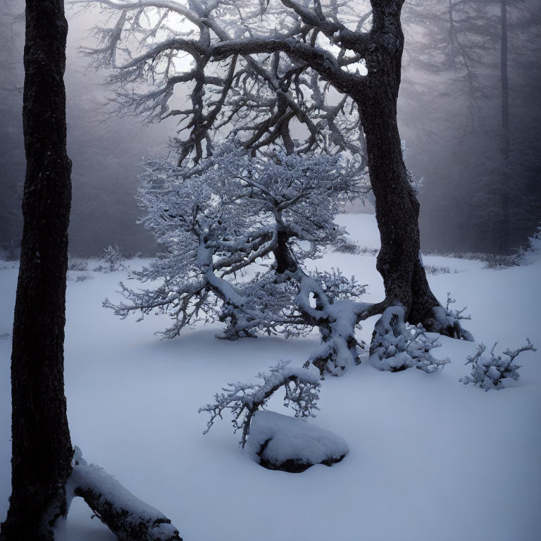 Misty wintry forest landscape with snow-covered twisted trees