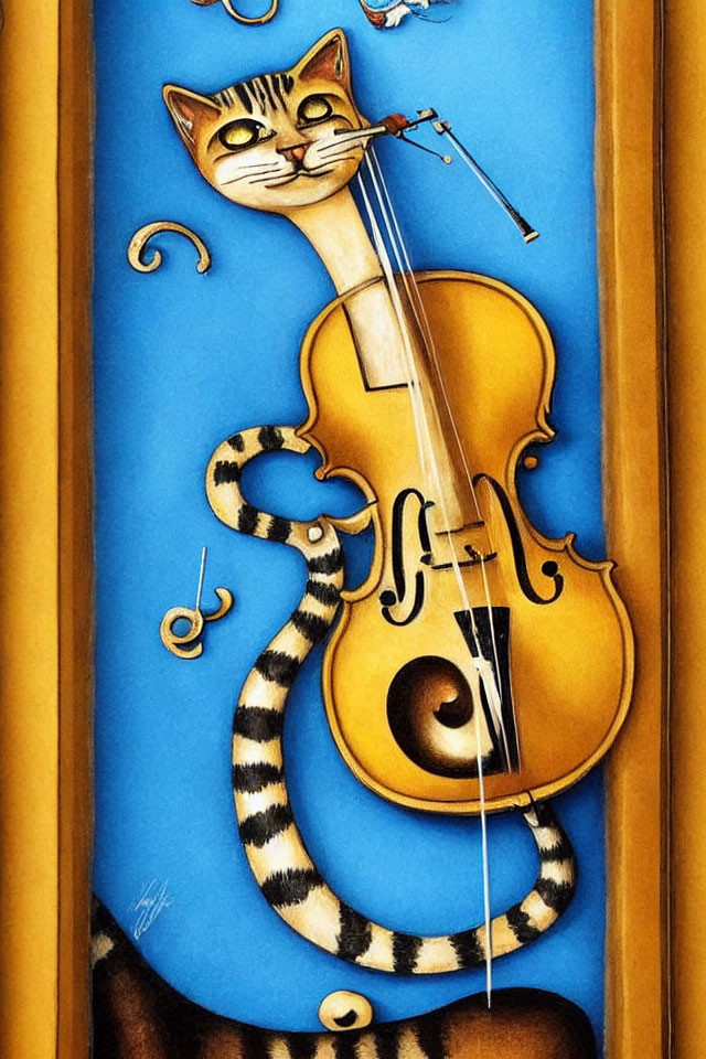 Smiling striped cat integrated into cello shape with bow and music notes