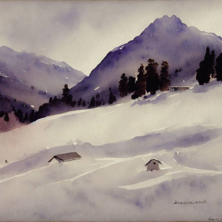 Snowy Mountain Landscape Watercolor Painting with Cabins and Evergreen Trees