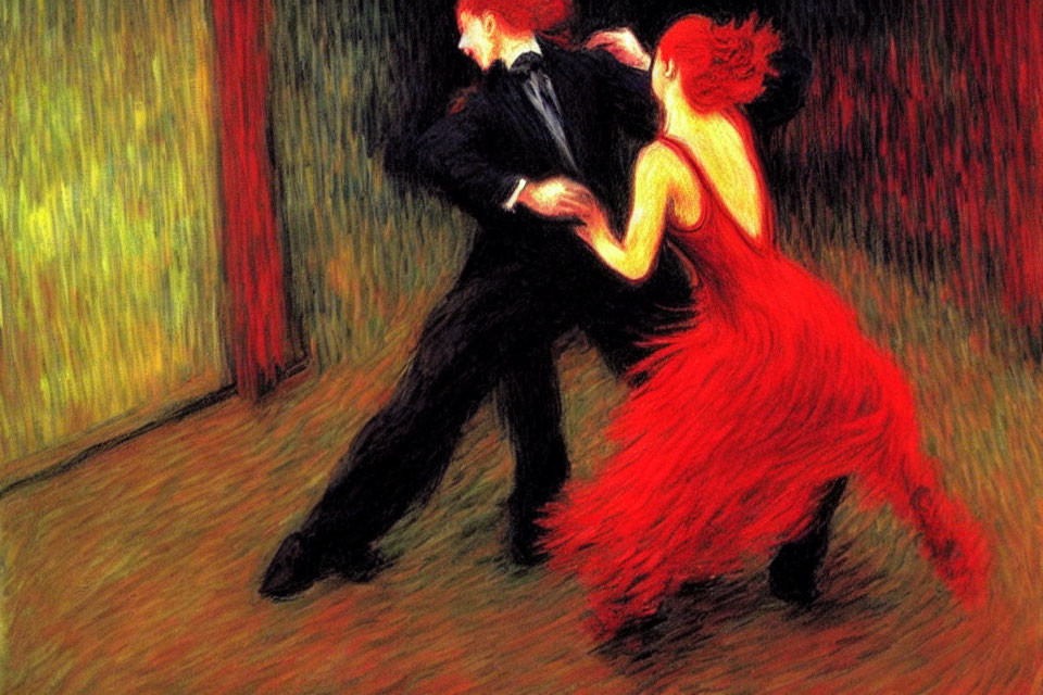 Impressionist painting of man and woman dancing in dimly lit room