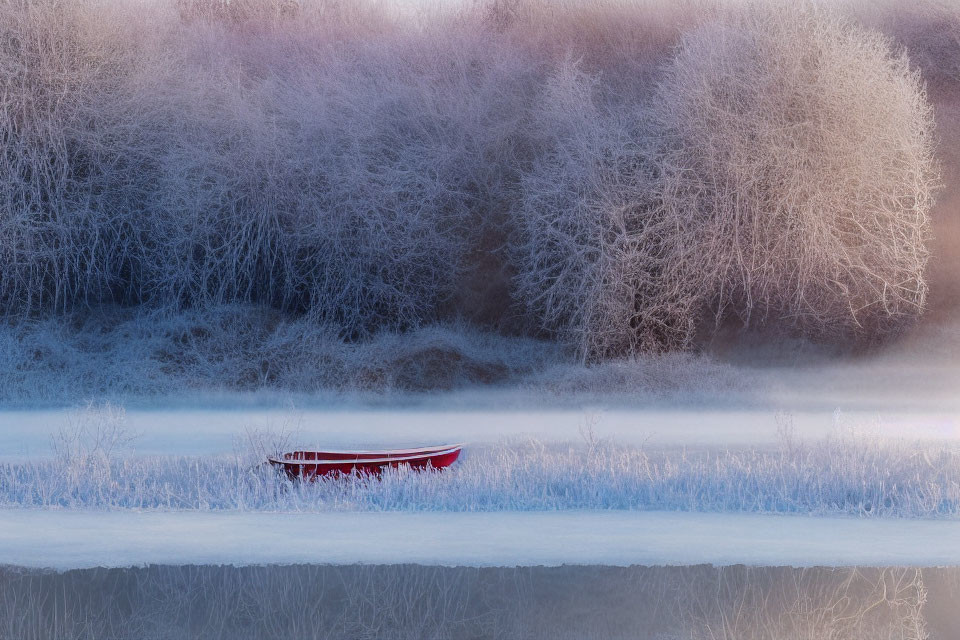 Red boat on frost-covered landscape with mist and hoarfrost trees.