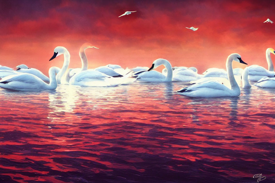 Flock of Swans on Red Water with Red and Orange Sky