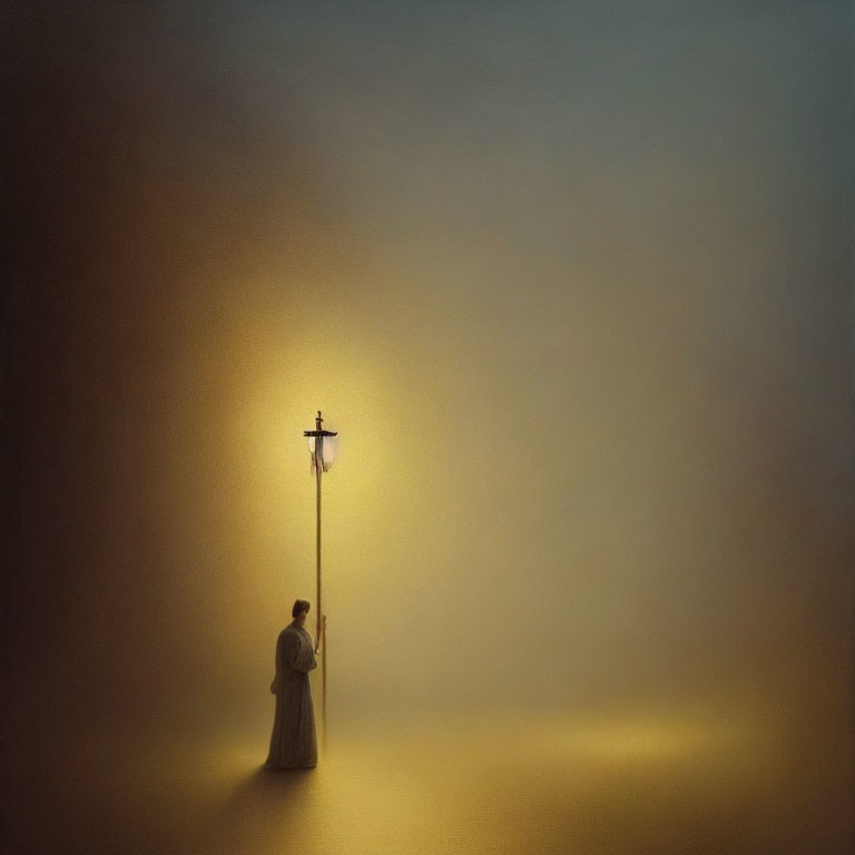 Figure under illuminated streetlamp in golden fog