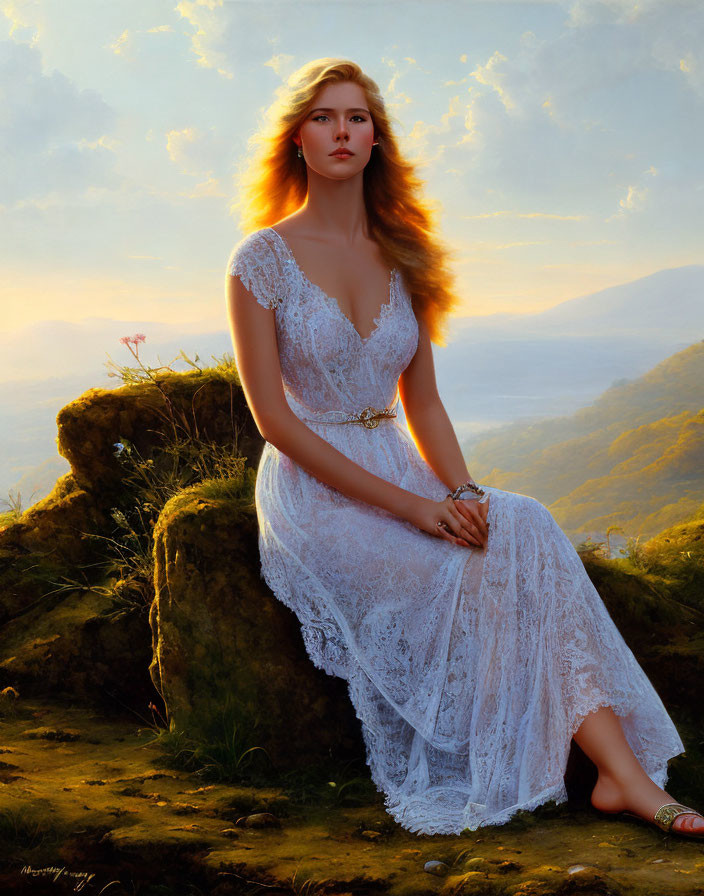 Woman in white lace dress at sunset on hill with serene landscape