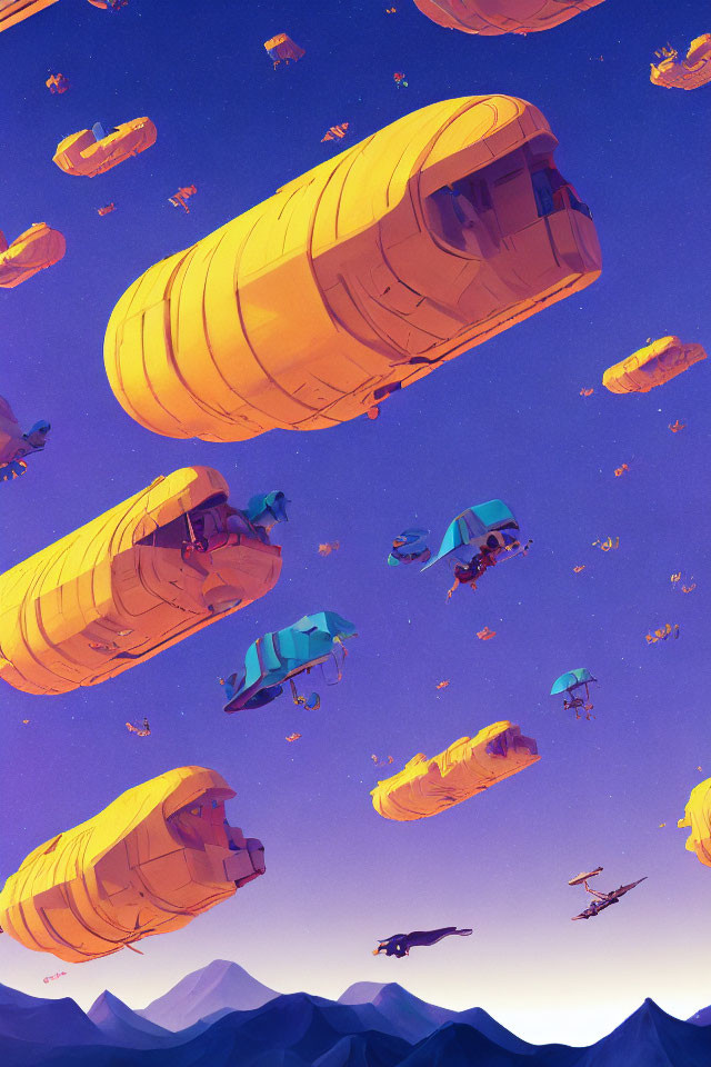 Vibrant yellow buses as hot air balloons over floating islands at dusk