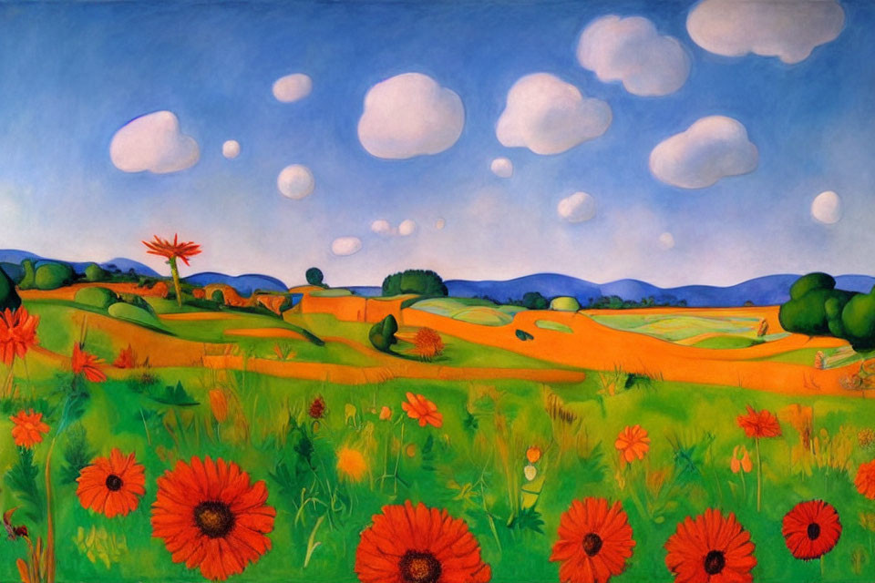 Colorful Landscape Painting: Red Flowers, Green Hills, Blue Sky