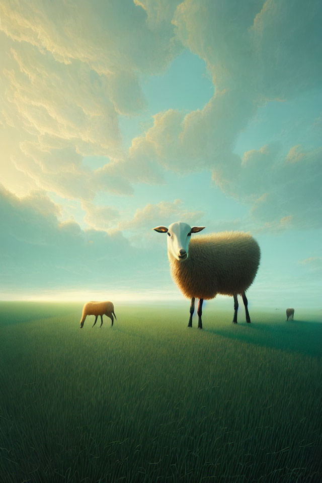 Surreal image: Oversized sheep with smaller ones in a vast sky.